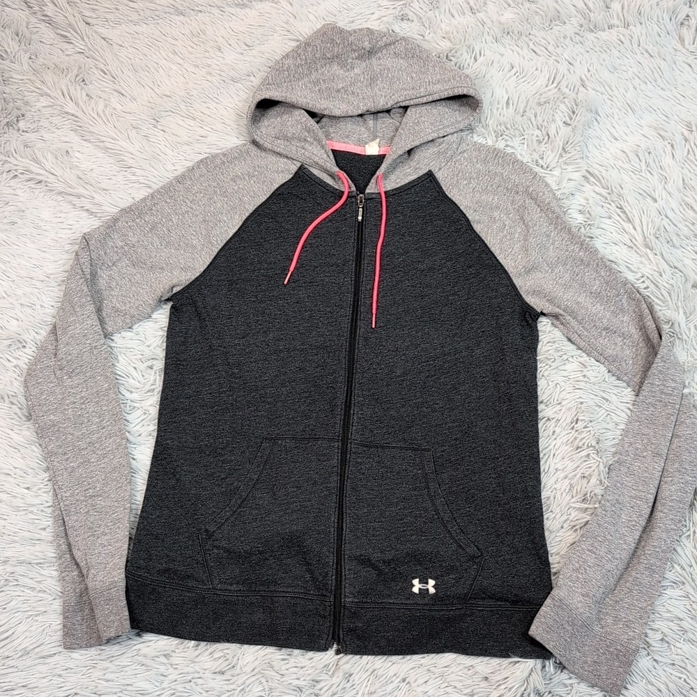 Under Armour Sweatshirt Womens L Gray Hoodie Active Pocket Semi Fitted Zip Up